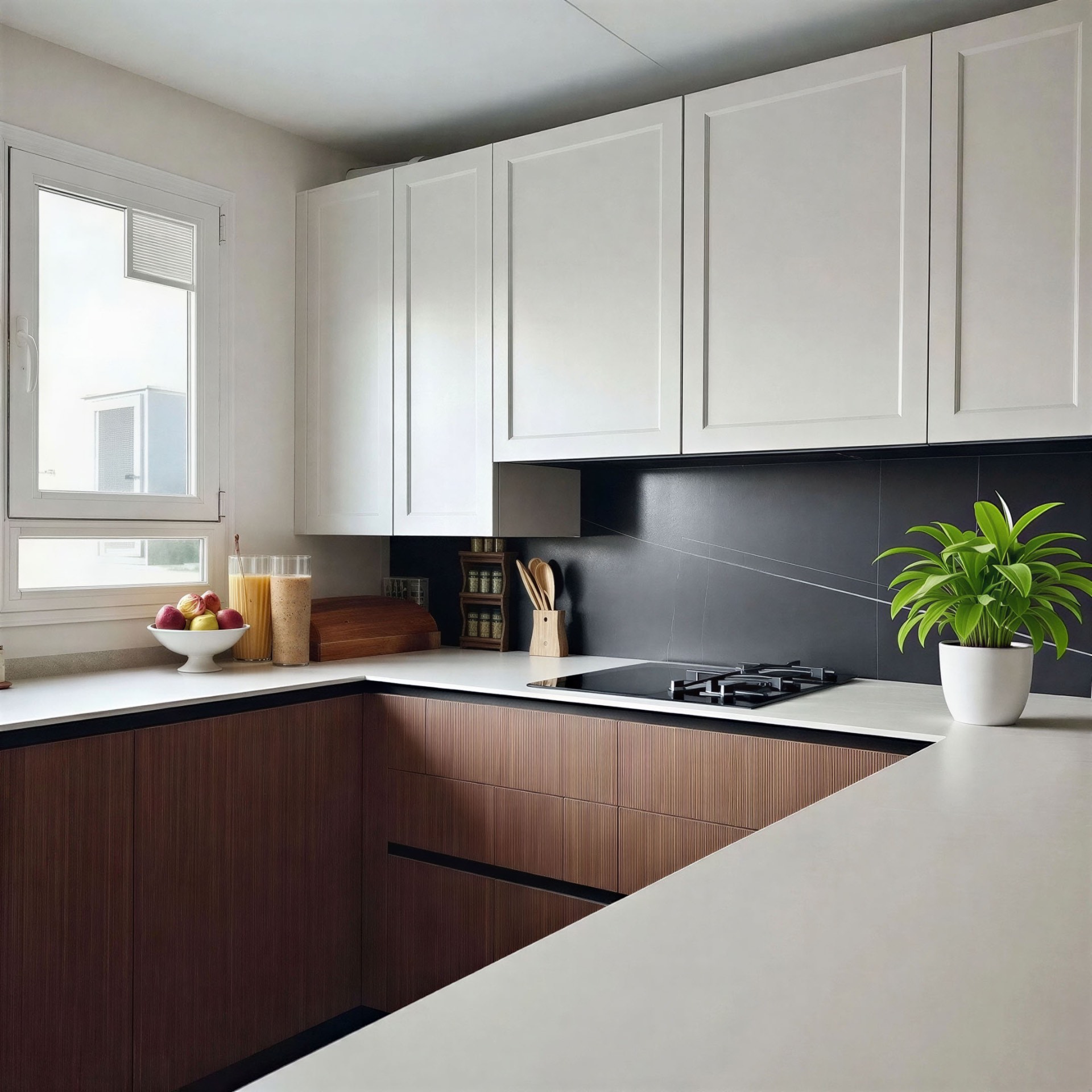 Cocina a medida en blanco roto con frentes de madera y encimera clara
