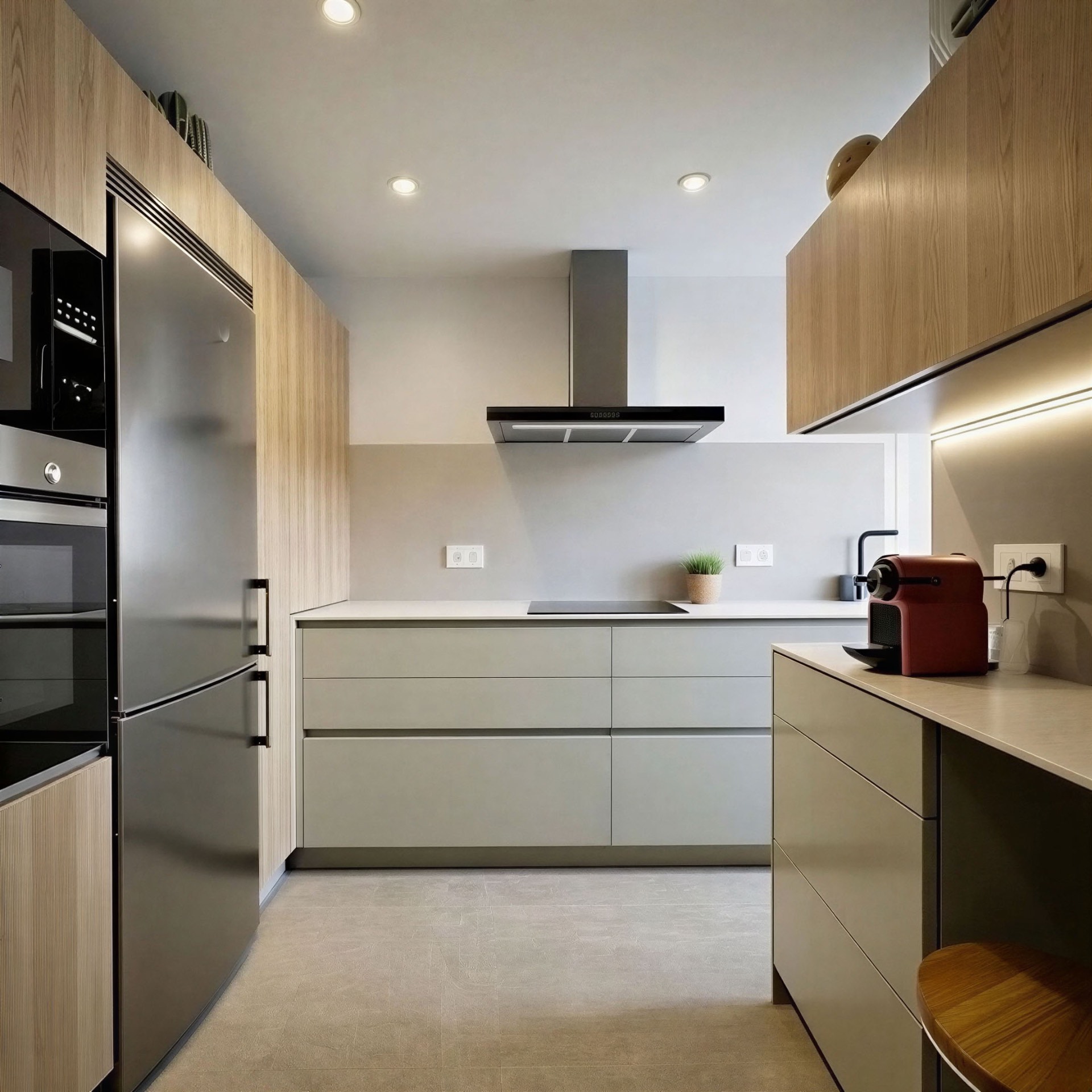 Cocina de Gema con frentes gris piedra, madera clara y encimera porcelánica — proyecto Isoko en Madrid